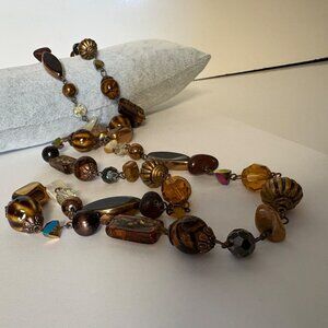 JS Multi-Beaded Brown Gold Tone Long Necklace Boho Elegant Versatile